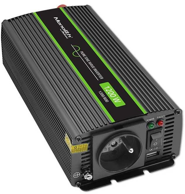QOLTEC 51933 grynos sinusinės bangos keitiklis, monolitinis / 600 W / 1200 W / 12 V–230 V