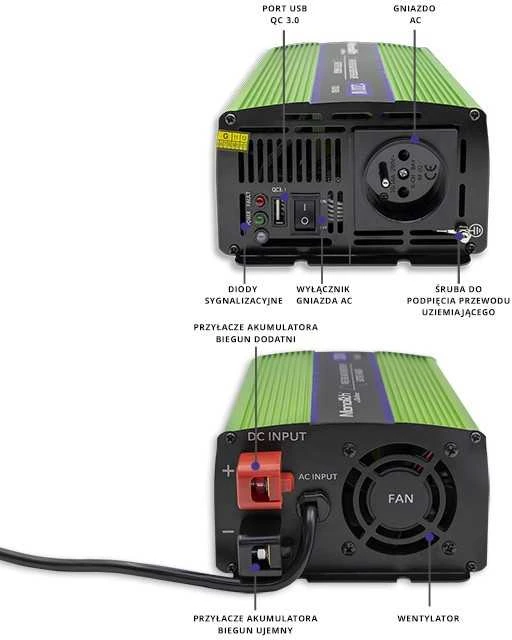 QOLTEC 51941 grynos sinusinės bangos keitiklis, monolitinis / akumuliatoriaus įkroviklis / UPS / 1200 W / 600 W / 12 V–230 V