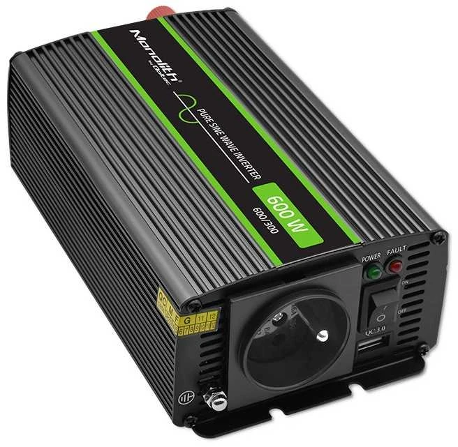 QOLTEC 51936 grynos sinusinės bangos keitiklis, monolitinis / 300 W / 600 W / 24 V–230 V