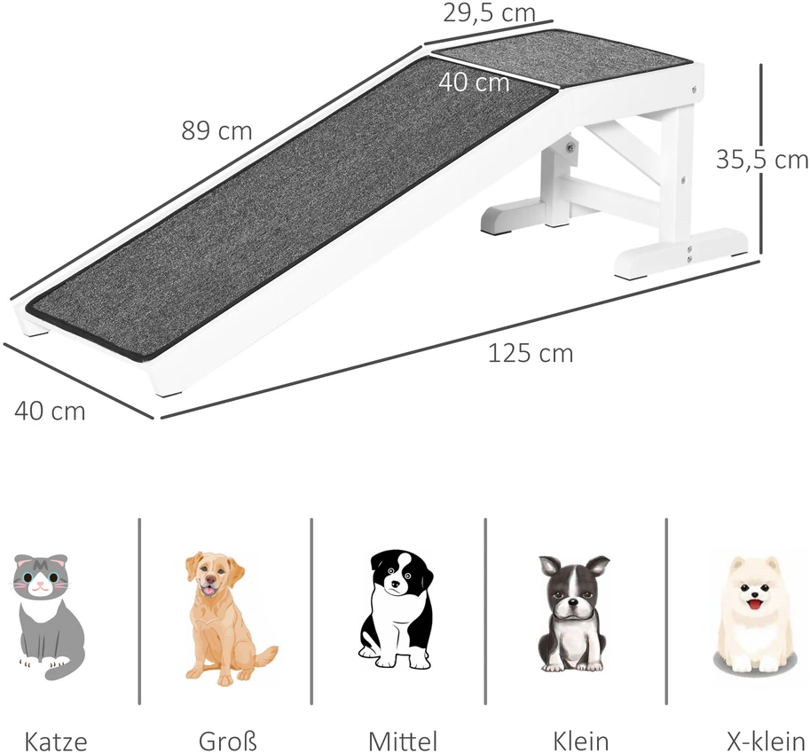 PawHut naminių gyvūnėlių rampa su neslidžiu kilimėliu, šunų laiptai, skirta šunims iki 30 kg, pušies mediena, poliesteris, balta/pilka, 125 x 40 x 35,5 cm