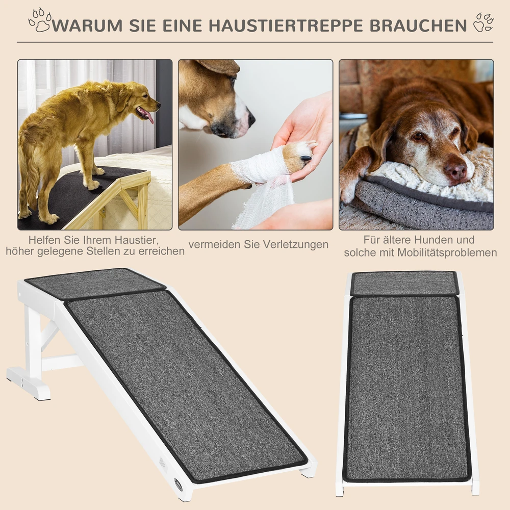 PawHut naminių gyvūnėlių rampa su neslidžiu kilimėliu, šunų laiptai, skirta šunims iki 30 kg, pušies mediena, poliesteris, balta/pilka, 125 x 40 x 35,5 cm