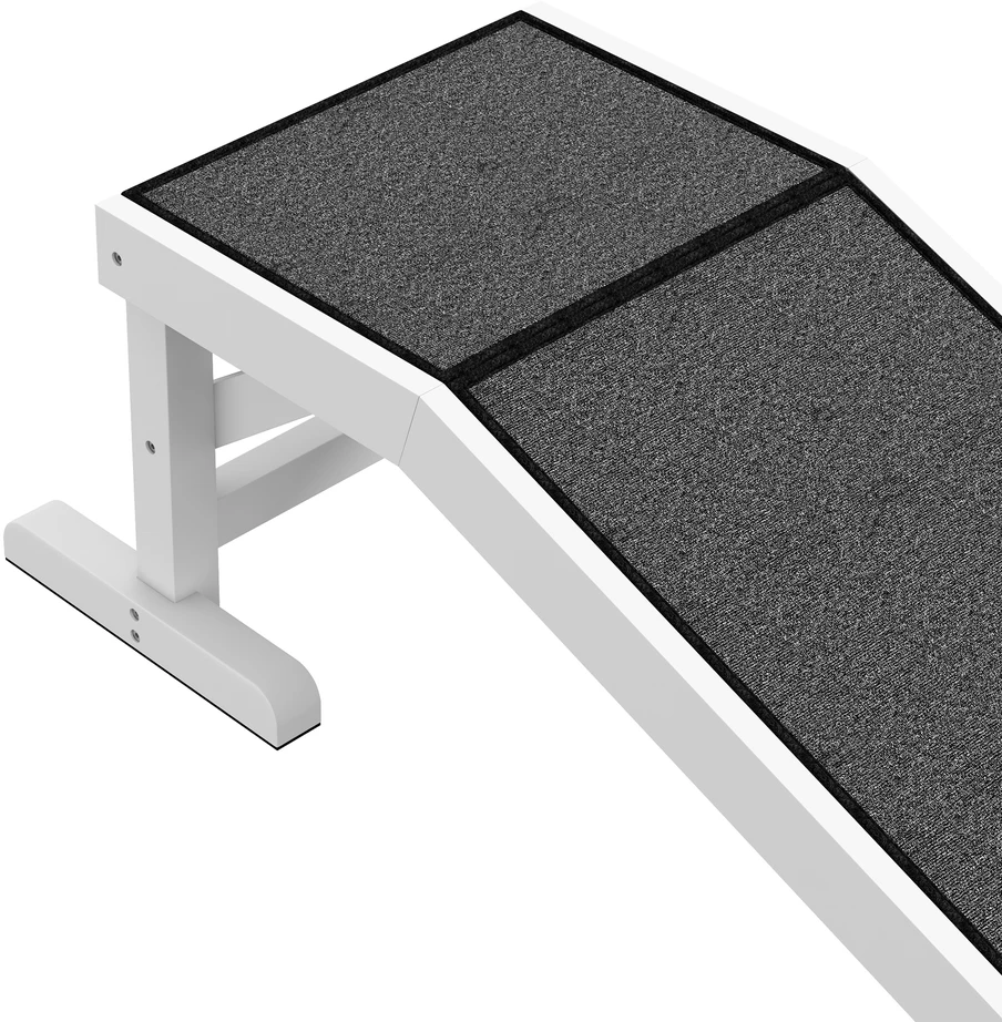 PawHut naminių gyvūnėlių rampa su neslidžiu kilimėliu, šunų laiptai, skirta šunims iki 30 kg, pušies mediena, poliesteris, balta/pilka, 125 x 40 x 35,5 cm