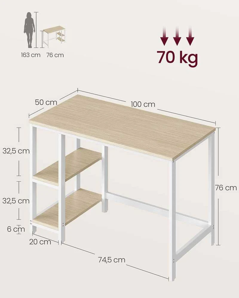 Songmics Vasagle Biuro rašomasis stalas 100 x 50 x 76 cm natūralus smėlio spalvos perlamutras baltas