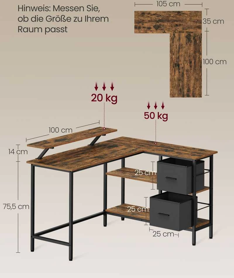 Songmics Vasagle L formos rašomasis stalas su 2 stalčiais 135 x 105 cm