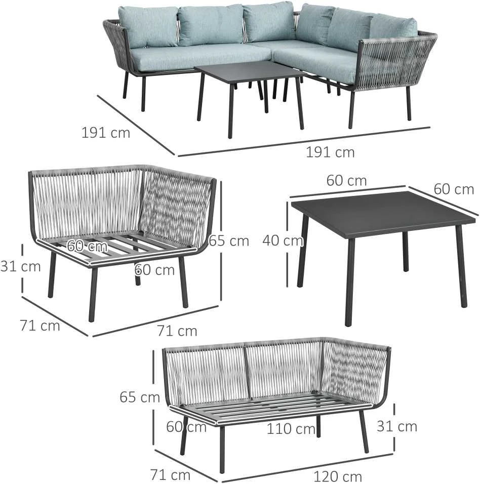 Lauko baldų komplektas Outsunny 4 dalių rotango sodo baldų komplektas, svetainės baldai su pagalvėlėmis, sėdimoji grupė su 2 dvivietėmis sofomis, 1 kampine sofa, 1 kavos staliuku, sodo baldai balkonui, terasai, aliuminis+poliesteris, pilka