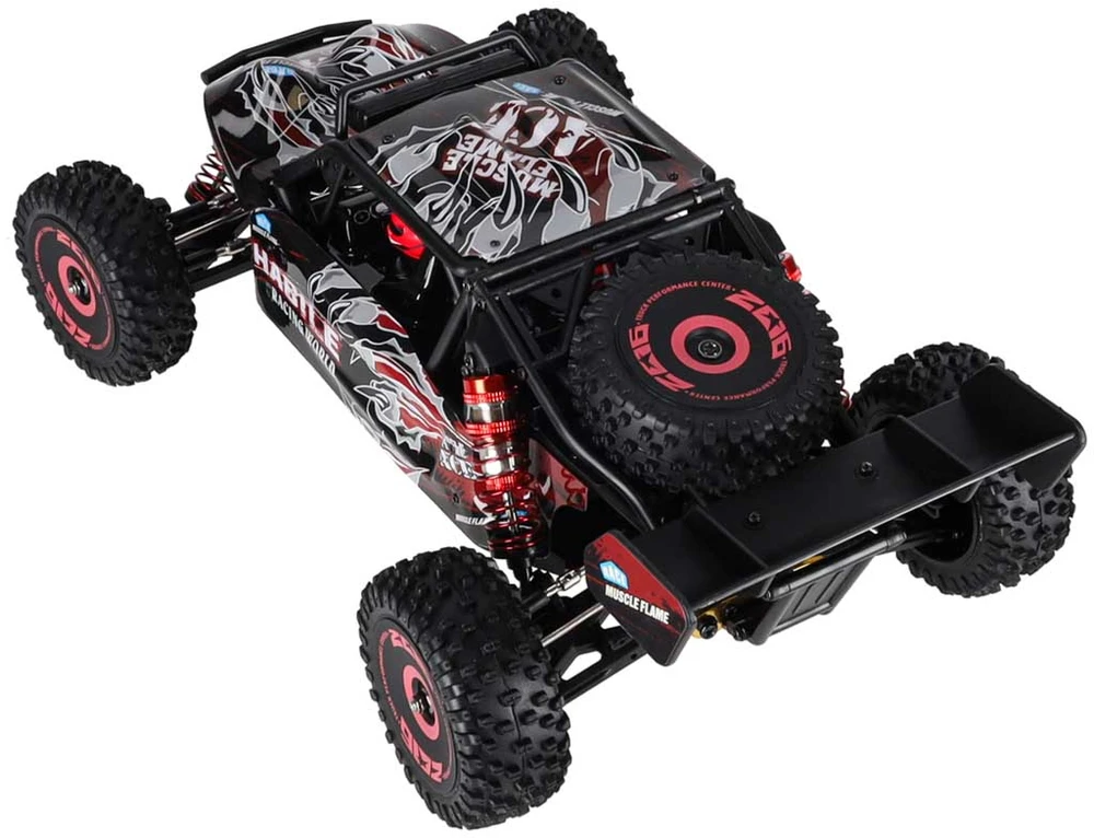 RC automobilis WLToys 124016 4WD su bešepetėliu varikliu, juodas su raudonais ir sidabriniais elementais, 35 × 21 × 13 cm