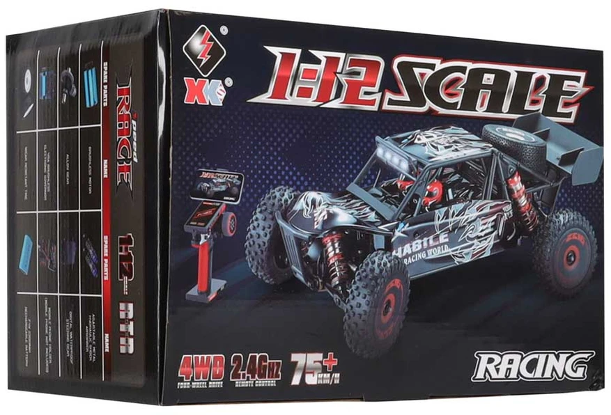 RC automobilis WLToys 124016 4WD su bešepetėliu varikliu, juodas su raudonais ir sidabriniais elementais, 35 × 21 × 13 cm