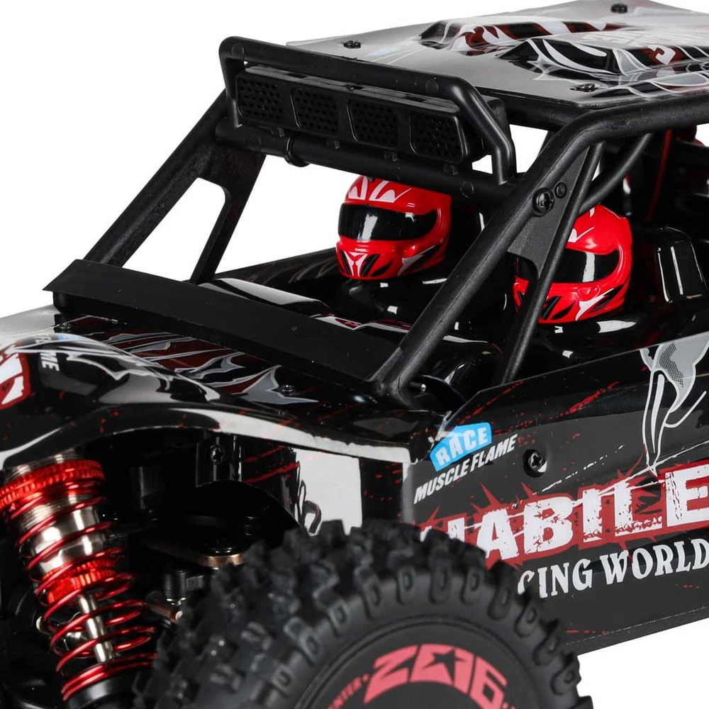 RC automobilis WLToys 124016 4WD su bešepetėliu varikliu, juodas su raudonais ir sidabriniais elementais, 35 × 21 × 13 cm