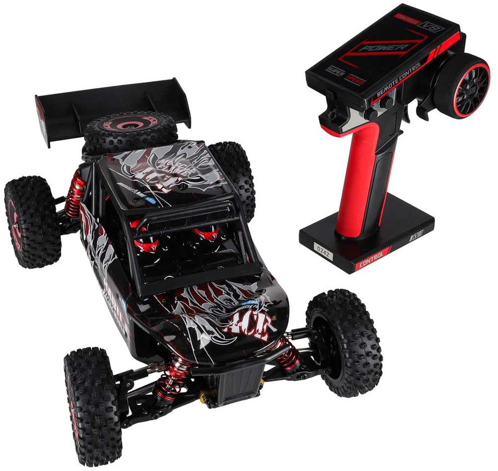 RC automobilis WLToys 124016 4WD su bešepetėliu varikliu, juodas su raudonais ir sidabriniais elementais, 35 × 21 × 13 cm