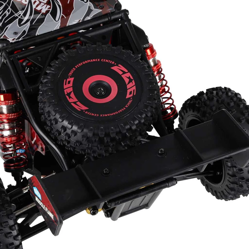 RC automobilis WLToys 124016 4WD su bešepetėliu varikliu, juodas su raudonais ir sidabriniais elementais, 35 × 21 × 13 cm
