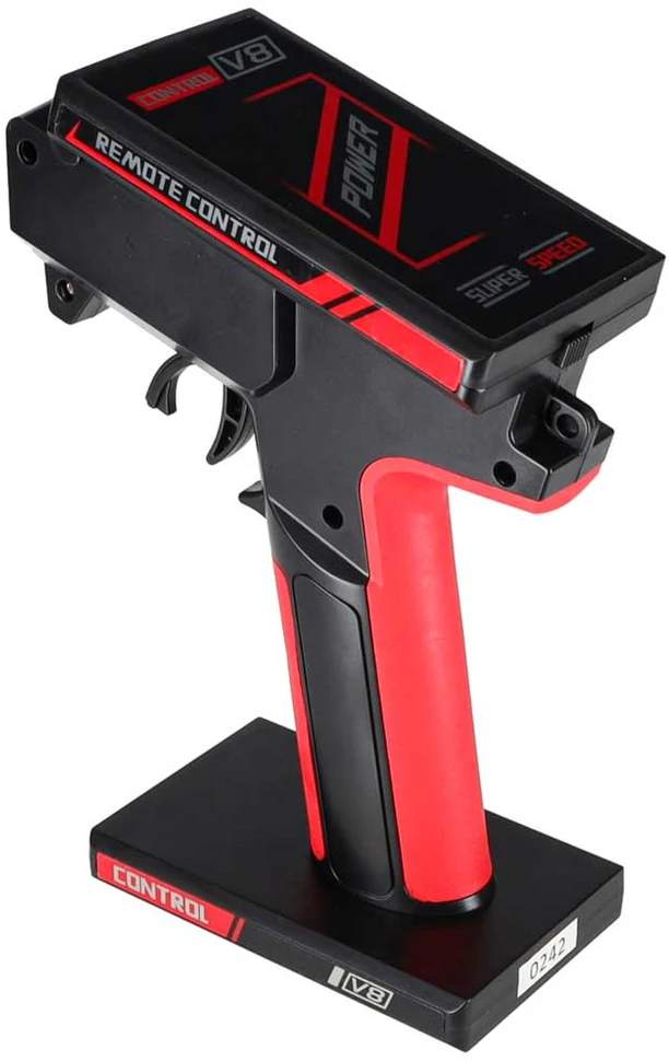 RC automobilis WLToys 124016 4WD su bešepetėliu varikliu, juodas su raudonais ir sidabriniais elementais, 35 × 21 × 13 cm