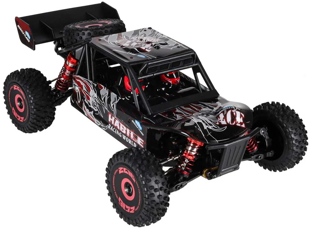 RC automobilis WLToys 124016 4WD su bešepetėliu varikliu, juodas su raudonais ir sidabriniais elementais, 35 × 21 × 13 cm