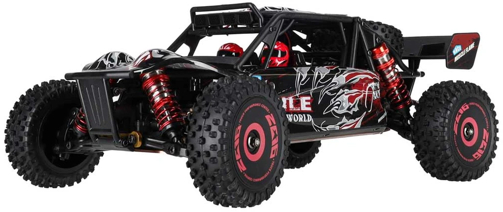 RC automobilis WLToys 124016 4WD su bešepetėliu varikliu, juodas su raudonais ir sidabriniais elementais, 35 × 21 × 13 cm