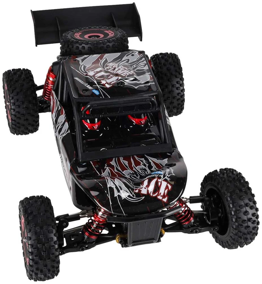RC automobilis WLToys 124016 4WD su bešepetėliu varikliu, juodas su raudonais ir sidabriniais elementais, 35 × 21 × 13 cm