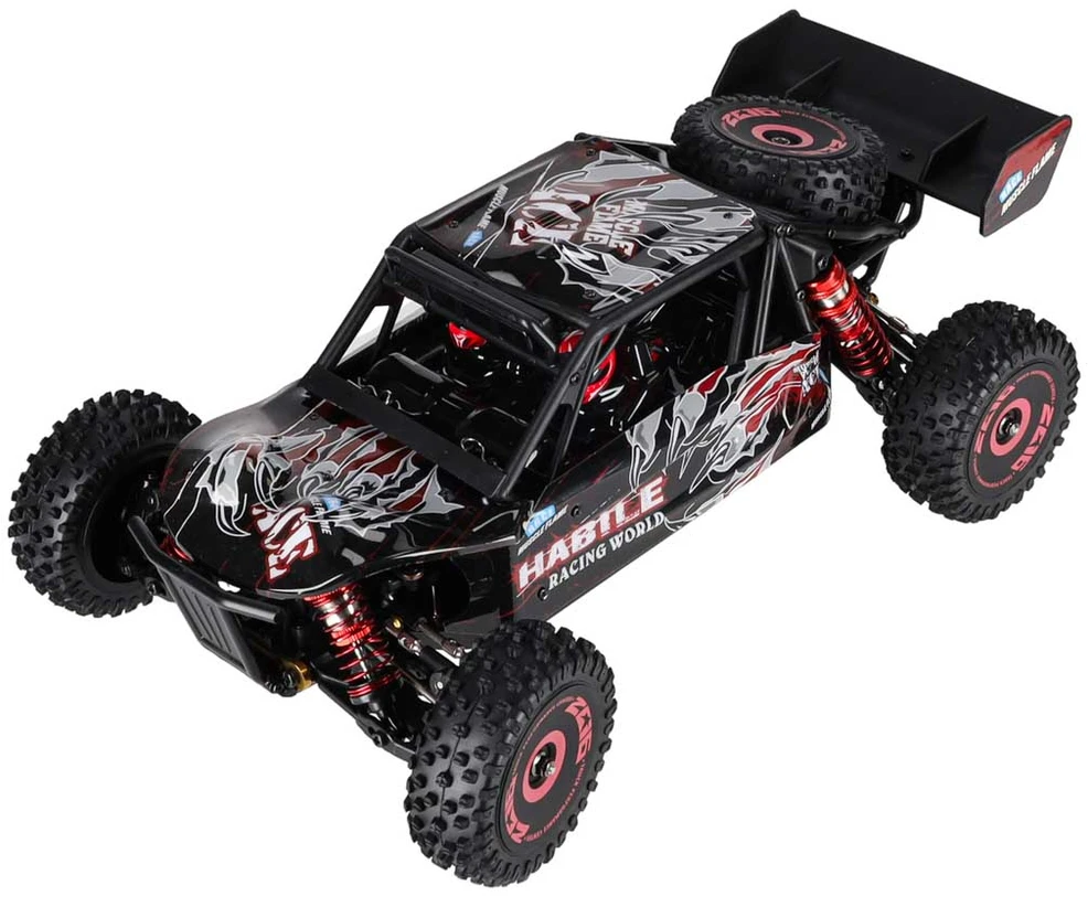 RC automobilis WLToys 124016 4WD su bešepetėliu varikliu, juodas su raudonais ir sidabriniais elementais, 35 × 21 × 13 cm