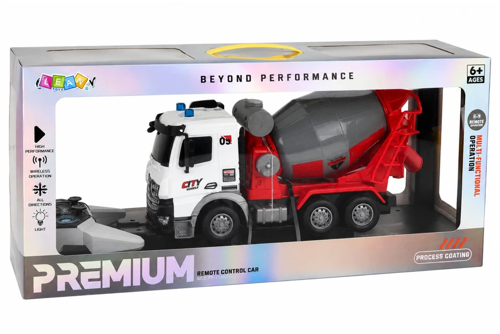 Lean Toys RC betono maišytuvas su šviesos efektais ir judančiu būgnu, raudonas, baltas ir pilkas, 29 × 15 × 11 cm