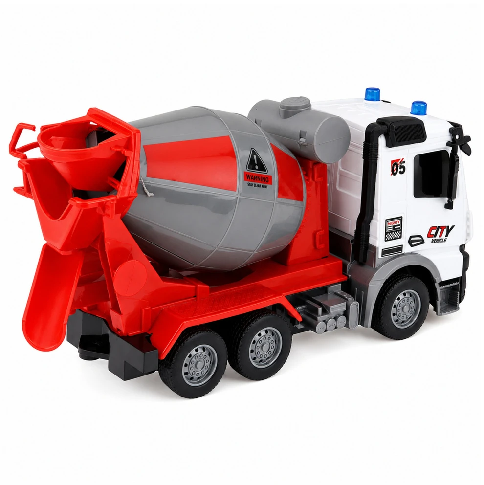Lean Toys RC betono maišytuvas su šviesos efektais ir judančiu būgnu, raudonas, baltas ir pilkas, 29 × 15 × 11 cm