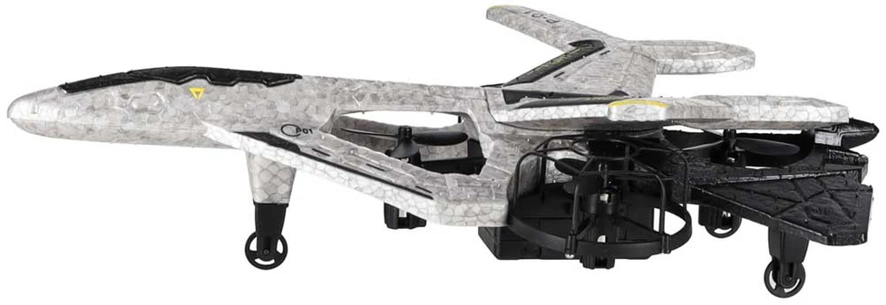 RC dronas su automatiniu pakilimu ir nusileidimu bei aukščio palaikymu, pilkas–juodas su geltonais elementais, 23 × 14,7 × 5 cm