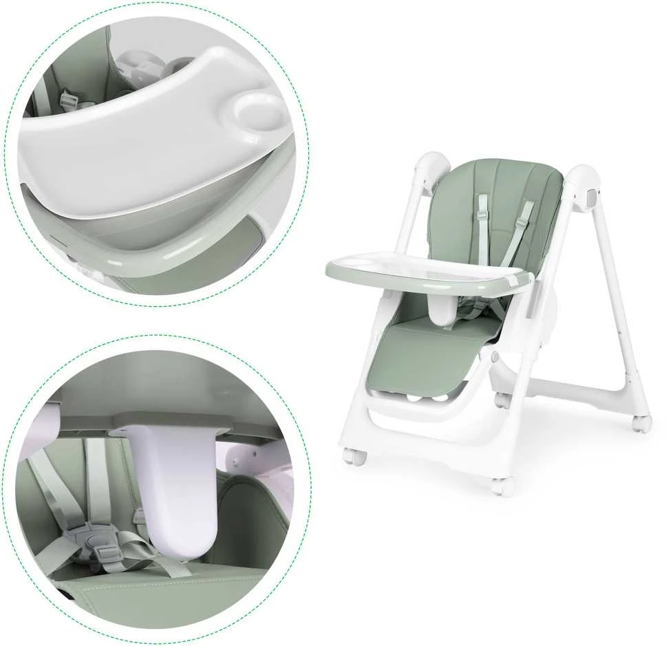 Ecotoys Reguliuojamo aukščio maitinimo kėdė su eko odos dirželiais, dvigubas padėklas