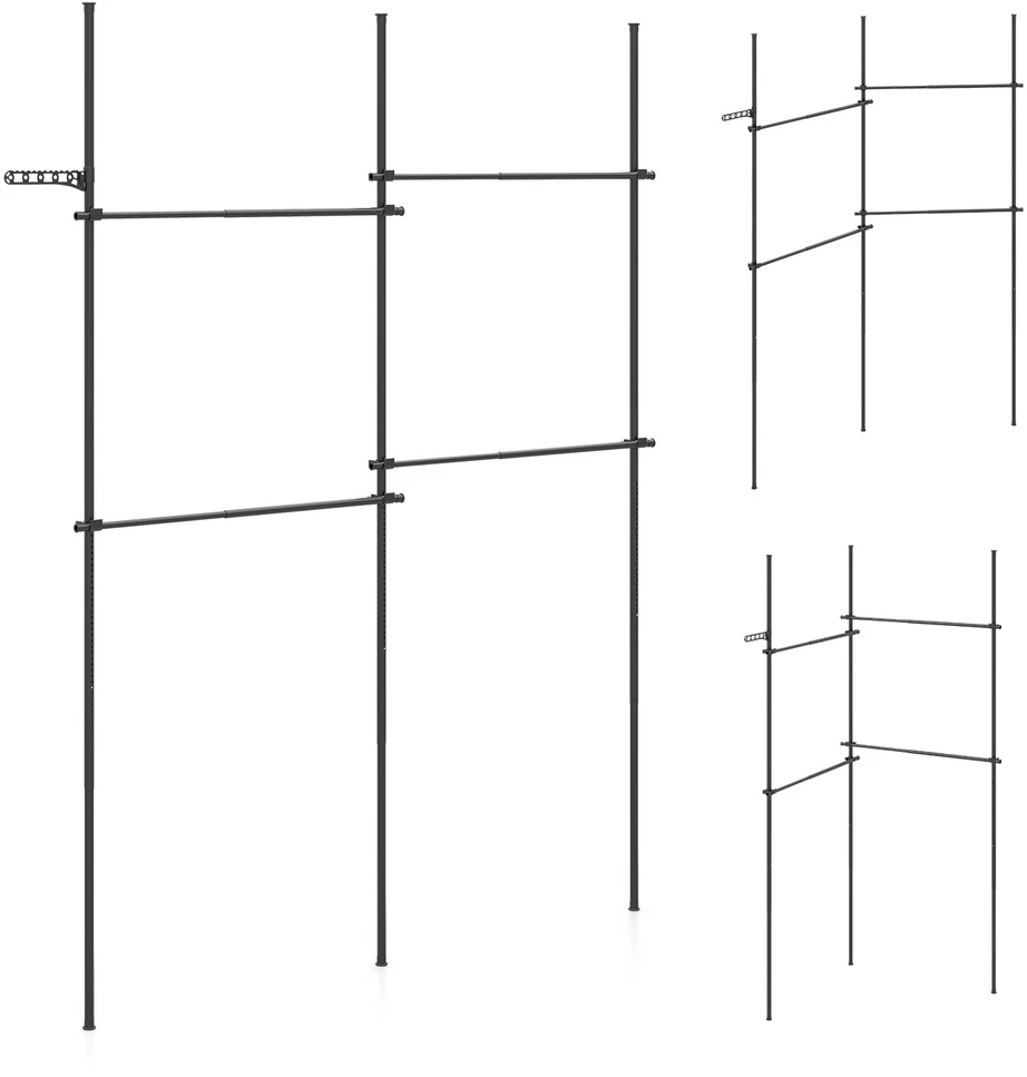 Reguliuojama grindų ir lubų drabužių kabykla su 4 skersiniais, juoda, 110–315 × 138,9–243,8 cm