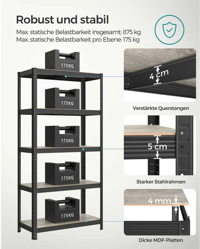 Songmics Reguliuojama stovinti lentyna su 5 lentynomis 40 x 90 x 180 cm Pilkai juoda