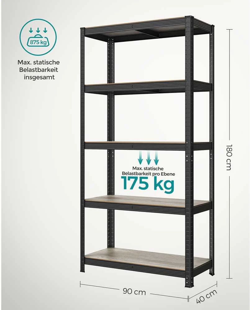 Songmics Reguliuojama stovinti lentyna su 5 lentynomis 40 x 90 x 180 cm Pilkai juoda