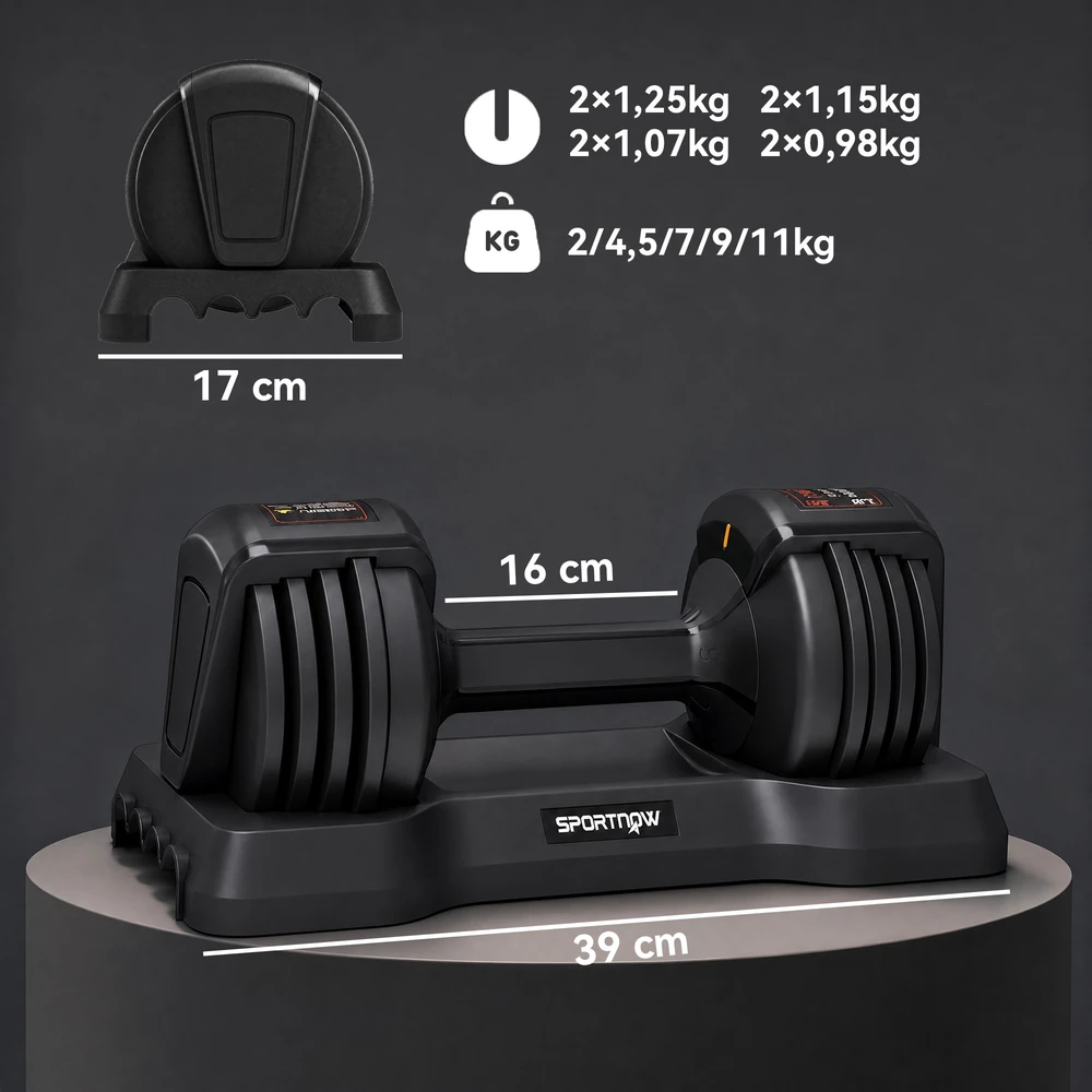 Reguliuojamas hantelis 2–11 kg, juodas, 39 × Ø14,5 cm