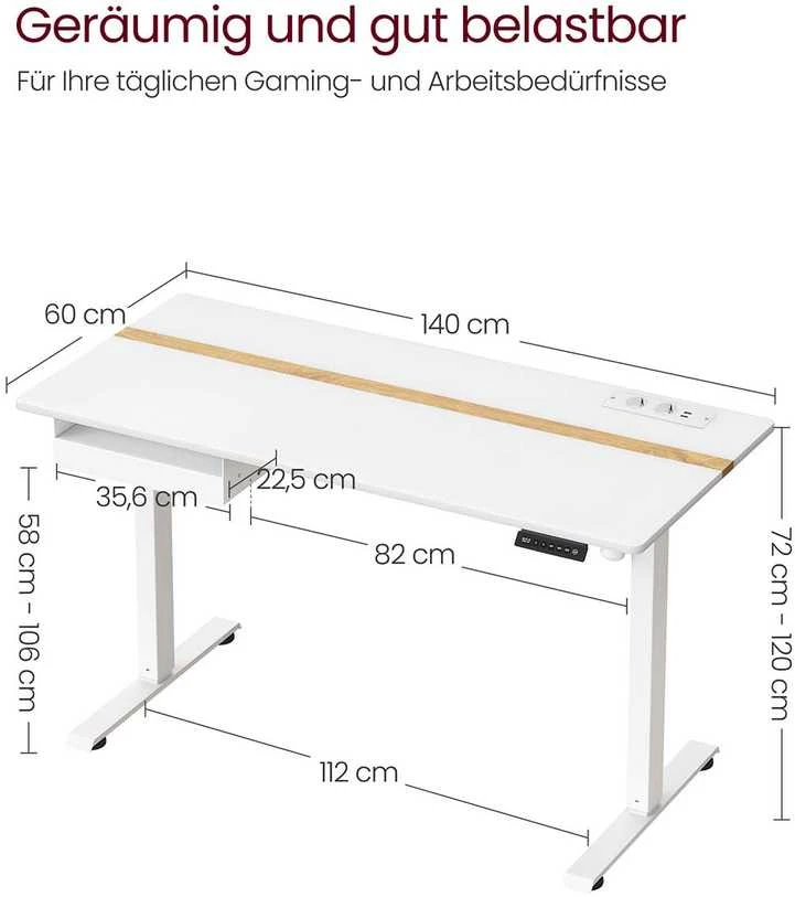 Songmics Vasagle Reguliuojamo aukščio stalas 60 x 140 cm, baltas