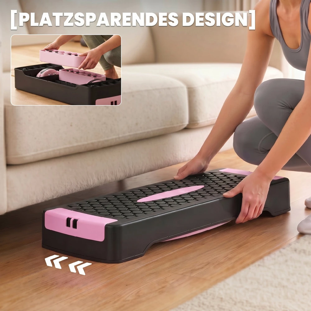 Reguliuojamo aukščio aerobikos pakyla su 2 pasipriešinimo gumomis, rožinė, 66 × 28 × 16 cm