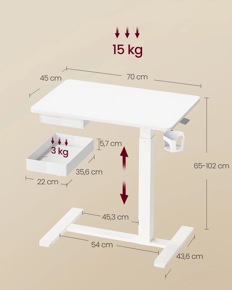 Songmics Reguliuojamo aukščio pagalbinis stalas su stalčiumi, baltas, 70 x 45 x 65–102 cm