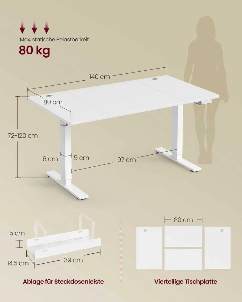 Vasagle Reguliuojamo aukščio stalas 140 × 80 x 72-120cm