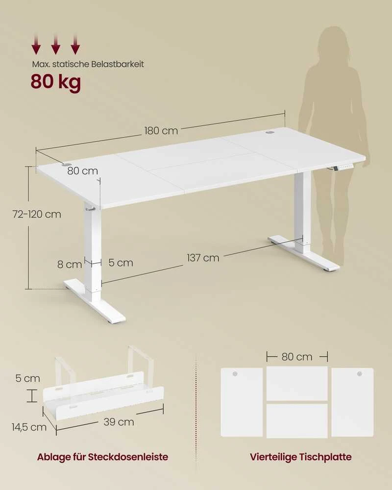Vasagle Reguliuojamo aukščio stalas 180 × 80 x 72-120cm