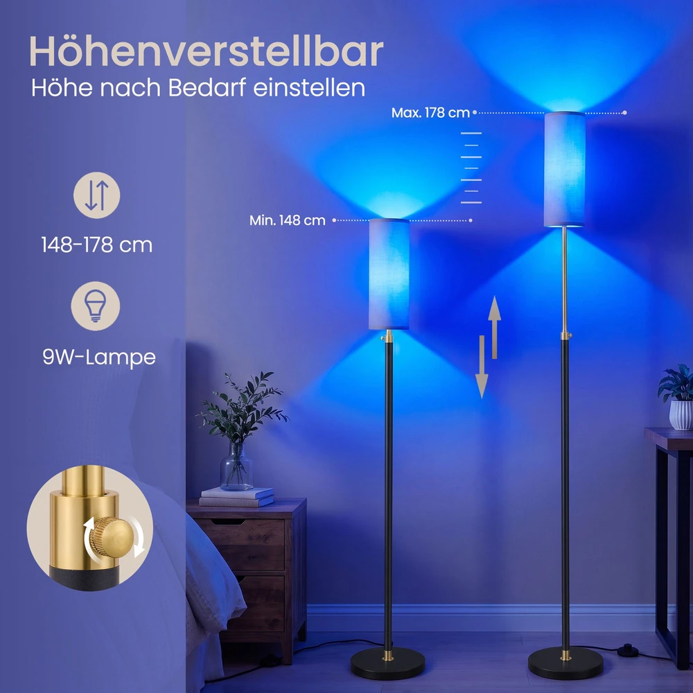 Songmics RGB LED reguliuojamo aukščio toršeras, juodas, 25 x 25 x 148–178 cm