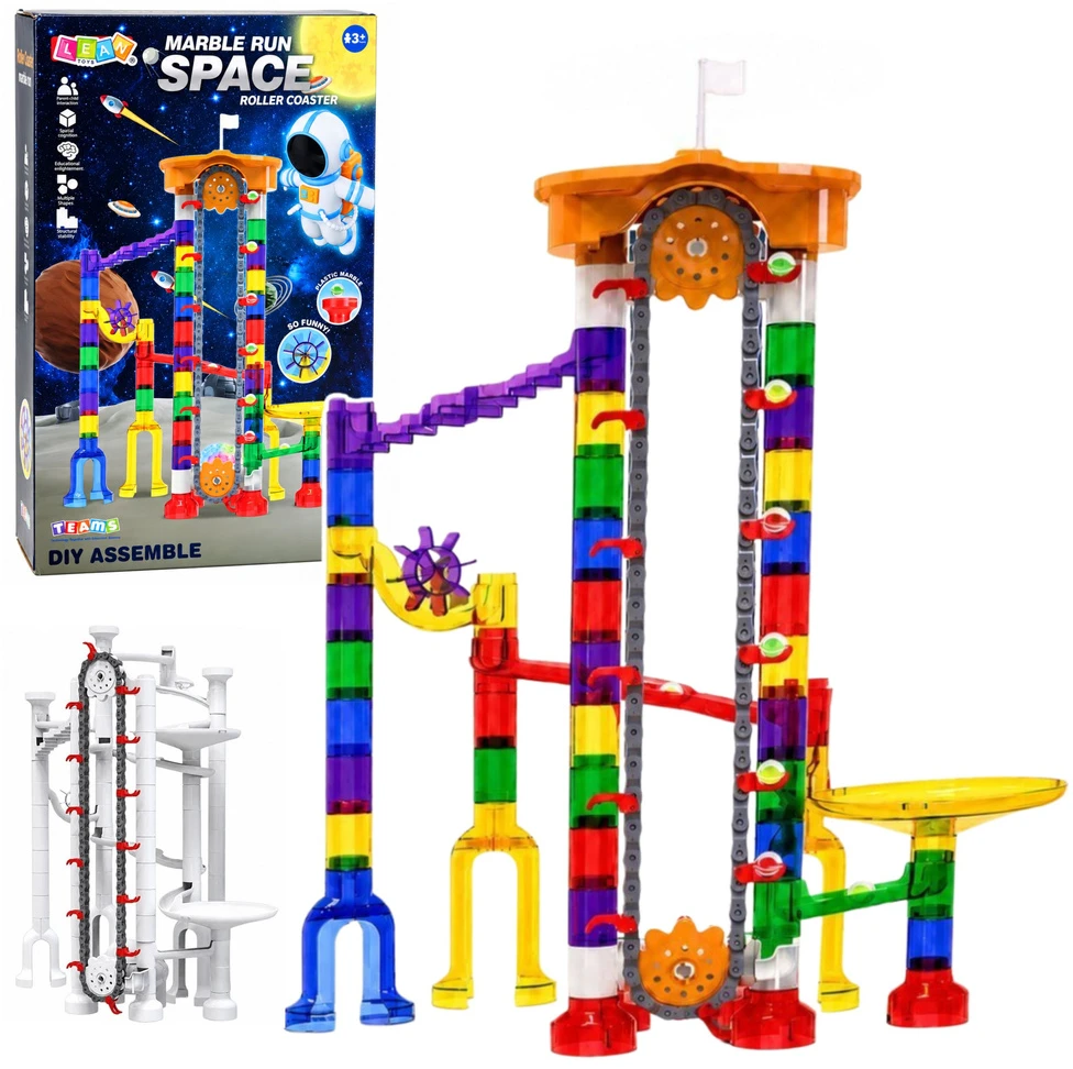 Lean Toys Rutuliukų takelio konstruktorius su bateriniu keltuvu, 56 × 44 cm, 153 dalių