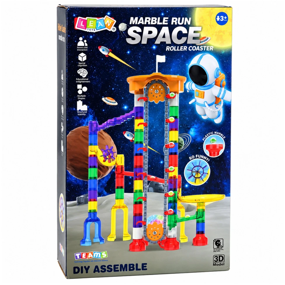 Lean Toys Rutuliukų takelio konstruktorius su bateriniu keltuvu, 56 × 44 cm, 153 dalių