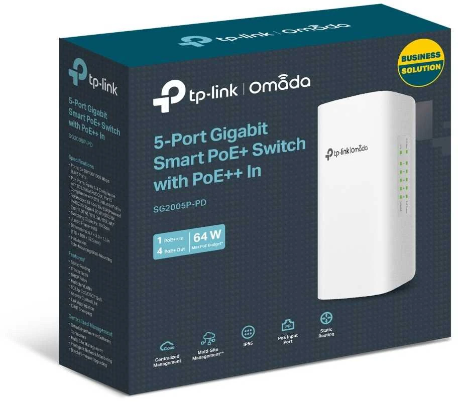 Šakotuvas TP-LINK | 5 prievadų gigabito išmanusis komutatorius su 1 prievado „PoE++“ įvestimi ir 4 prievadų „PoE+“ išvestimi | SG2005P-PD Omada | Valdomas L2+ | Stalinis kompiuteris