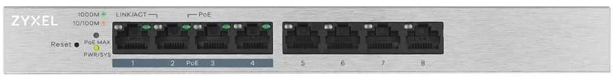 Šakotuvas „Zyxel 8 Port Gigabit PoE+“ žiniatinkliu valdomas jungiklis, 4x PoE, 60 vatų