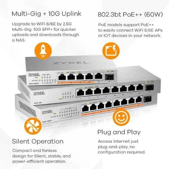 Šakotuvas ZYXEL XMG-108 8 PORTS 2,5G + 1 SFP+ DESKTOP MULTIGIG UNMANAGED SWITCH (2Y WARRANTY)