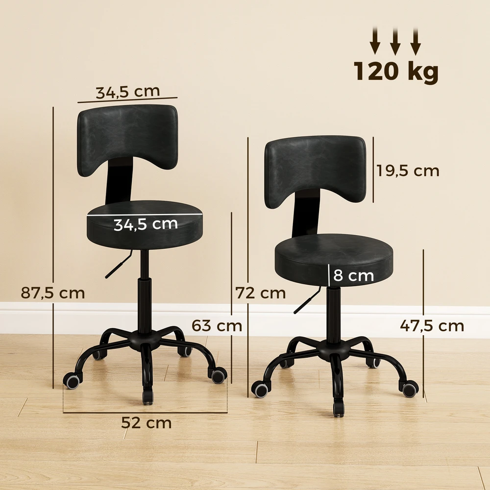 Saloninė taburetė su atlošu, juoda, 34,5 × 34,5 × 72–87,5 cm