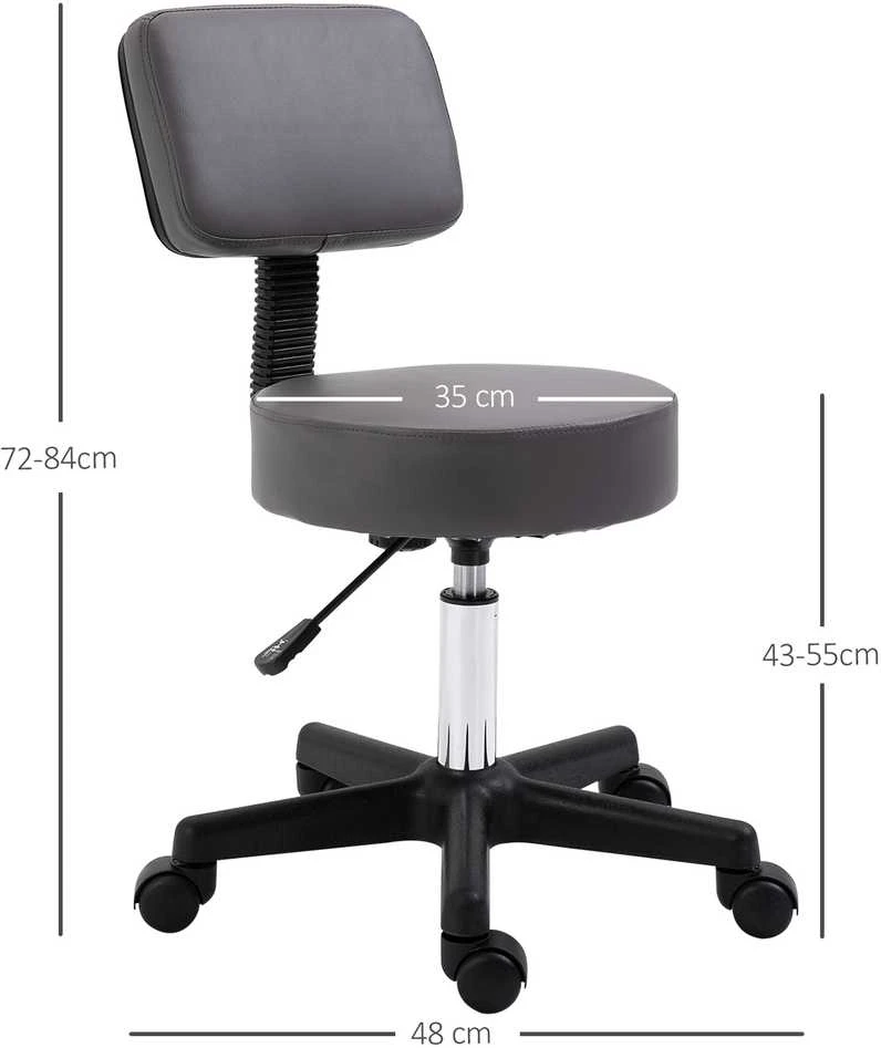 HOMCOM kėdė su ratukais, reguliuojamo aukščio darbo kėdė su atlošu, sukama salono kėdė masažui, biurui, dirbtinė oda, pilka, Ø35 x 72-84 cm | Aosom
