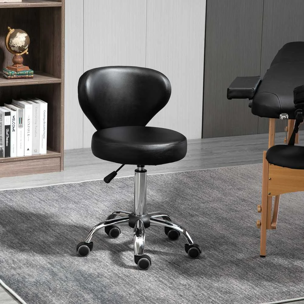 HOMCOM masažinė kėdė su ratukais – pasukama 360° darbo kėdė – reguliuojamo aukščio sėdynė 49-64 cm, ergonomiškas atlošas – chromuotas metalas, aptraukta juoda dirbtine oda