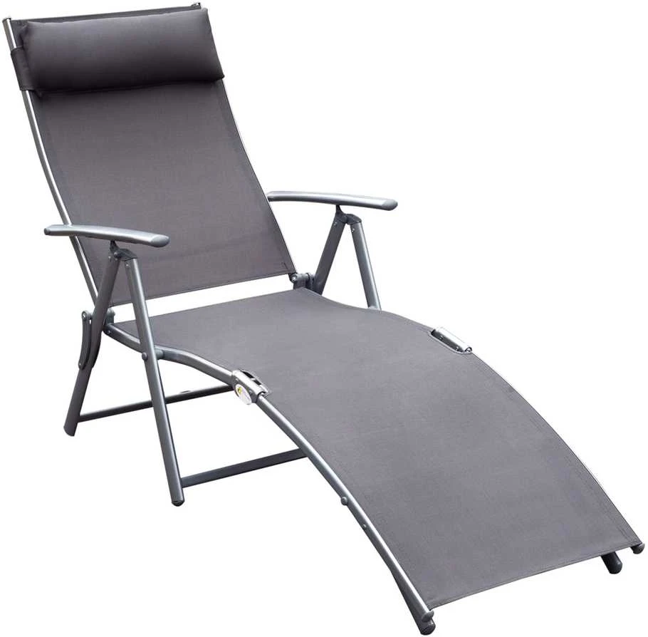 „Outsunny“ sodo gultas, sulankstomas reguliuojamas krėslas su pagalve, pilkas metalas ir pilkas audinys, 137 x 63,5 x 100,5 cm