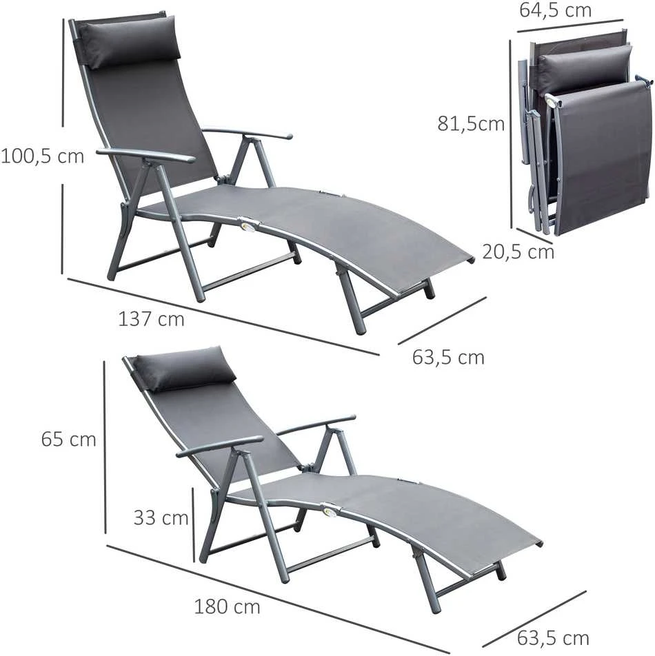„Outsunny“ sodo gultas, sulankstomas reguliuojamas krėslas su pagalve, pilkas metalas ir pilkas audinys, 137 x 63,5 x 100,5 cm
