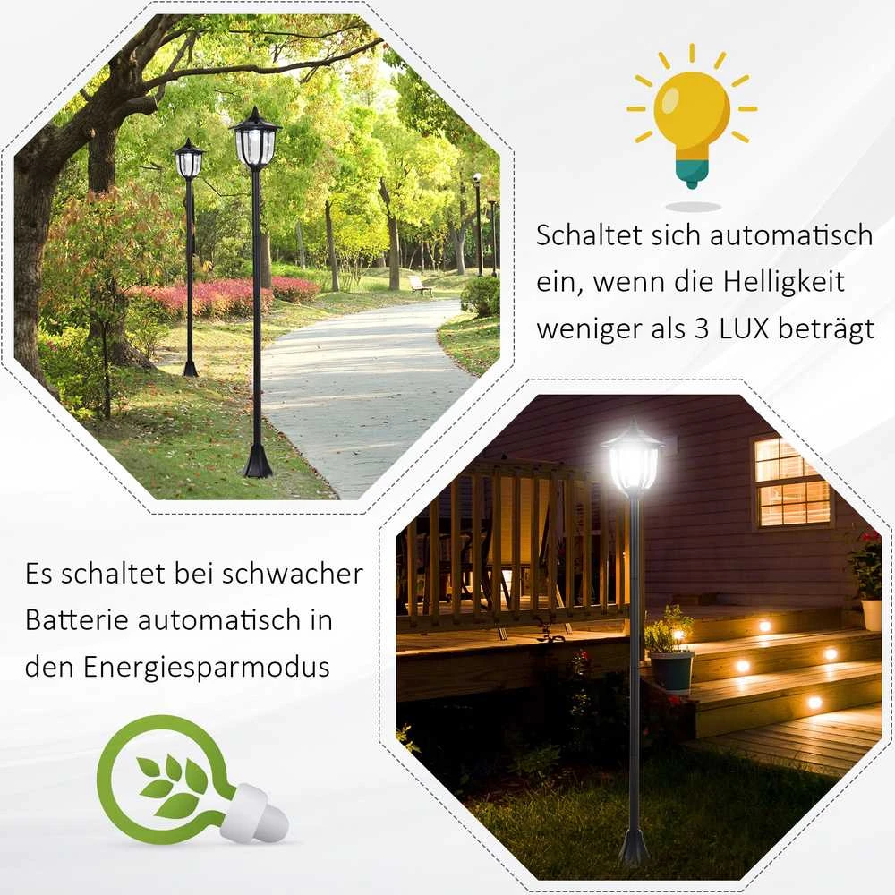 Outsunny saulės energija veikiantis sodo šviestuvas, LED sodo žibintas su 30/60 liumenų, plastikas, juodas, Ø26,5 x A177 cm