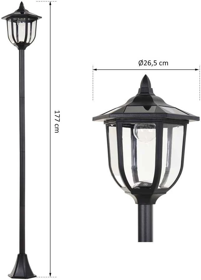 Outsunny saulės energija veikiantis sodo šviestuvas, LED sodo žibintas su 30/60 liumenų, plastikas, juodas, Ø26,5 x A177 cm