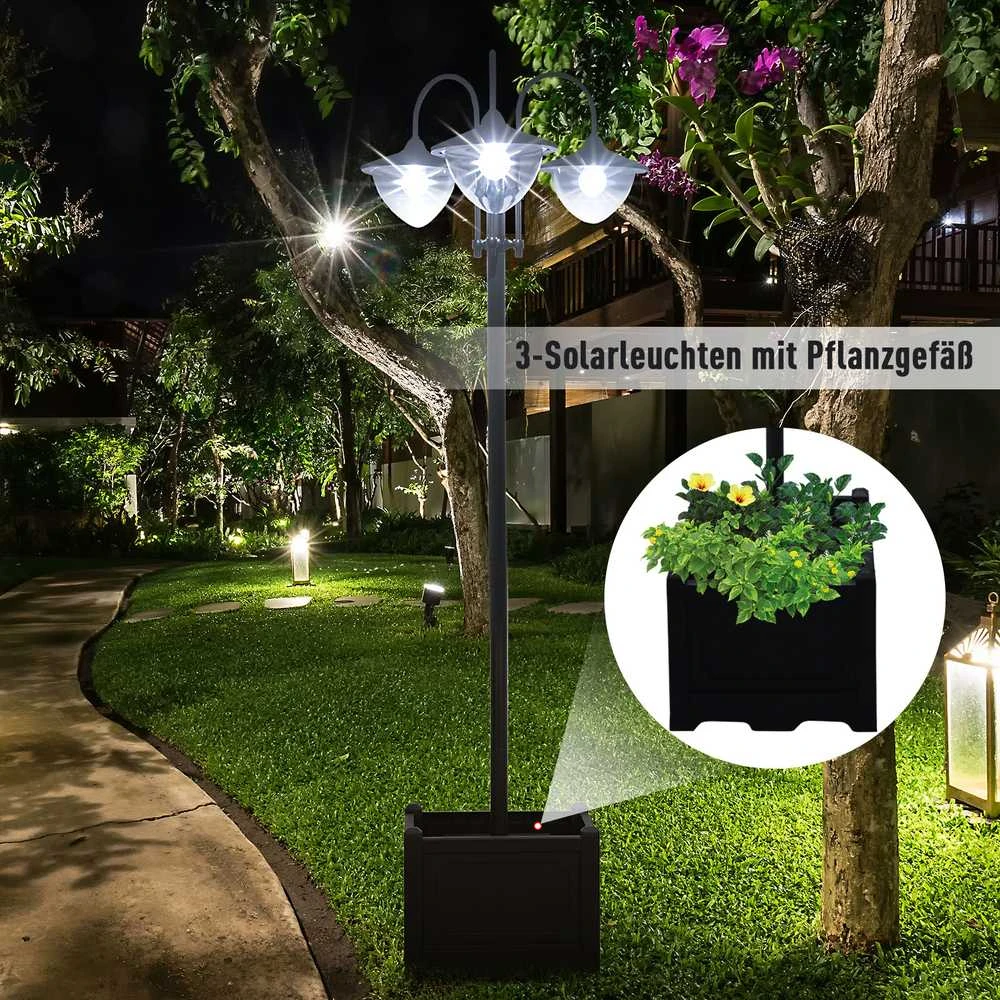 Outsunny saulės energija veikiantis sodo šviestuvas, 3 lempų galvučių šviestuvas su vazono pagrindu, atsparus vandeniui, nerūdijantis plienas, 60x55x189 cm