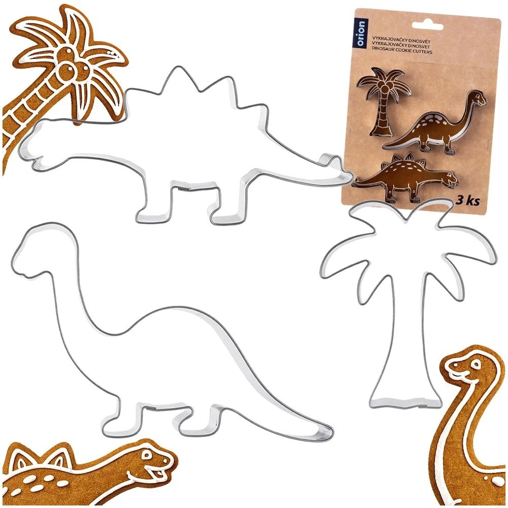 Sausainių formelių rinkinys su dinozaurų ir palmės motyvais, sidabrinis, 3 vnt.