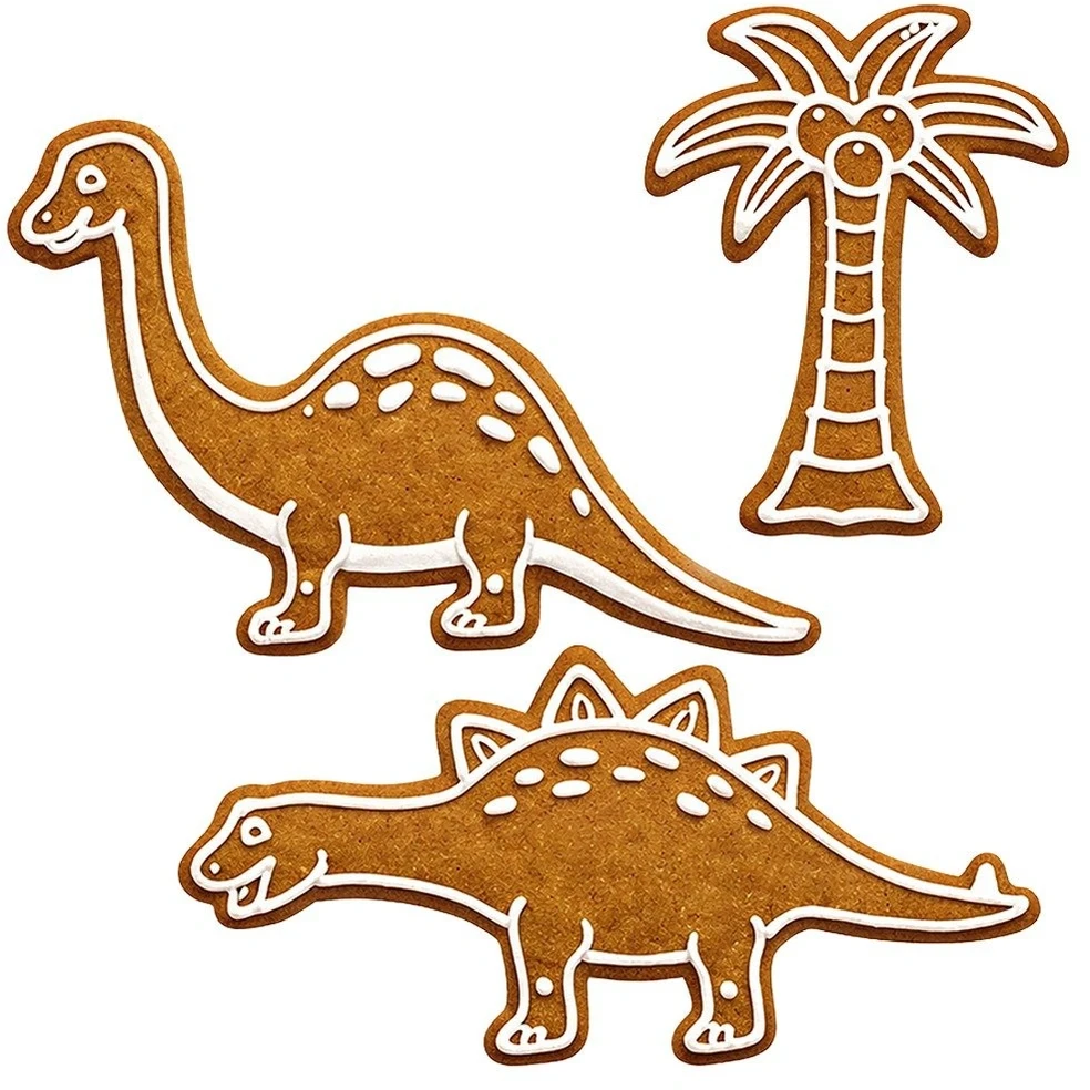Sausainių formelių rinkinys su dinozaurų ir palmės motyvais, sidabrinis, 3 vnt.