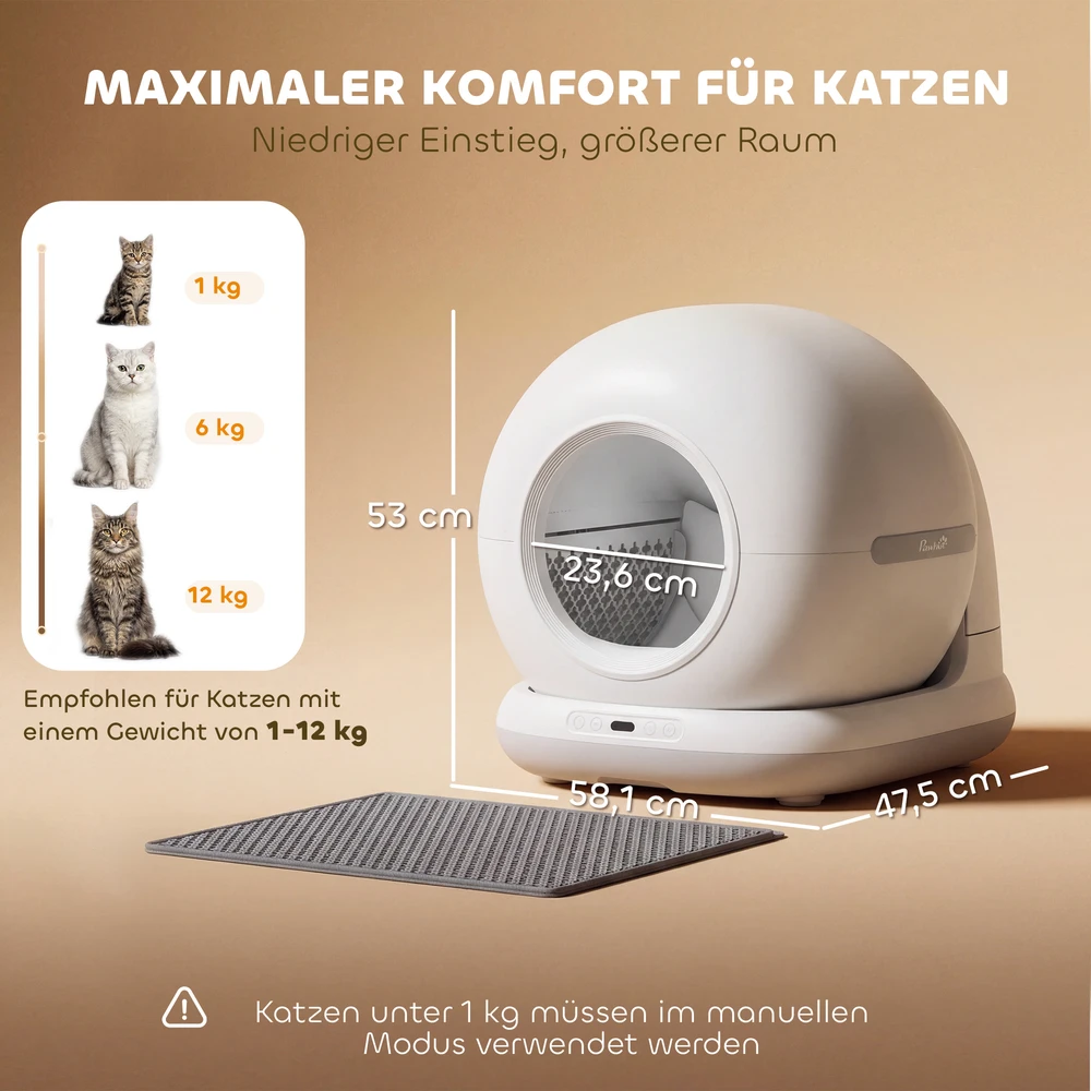 Savaime išsivalantis kačių tualetas su programėlės valdymu ir 1080p kamera, baltas/pilkas, 58,1 × 47,5 × 53 cm