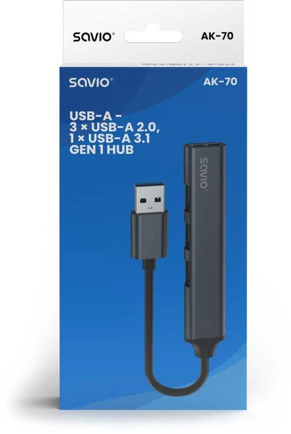 USB adapteriai – Savio AK-70 3 × USB-A 2.0, 1 × USB-A 3.1 Gen 1, 4 viename, 5 Gbps